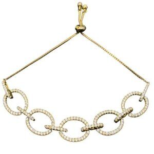 FZN 925 Sterling Silver Cn Pave Rhinestone Oval Link Slide Bracelet Gold Tone